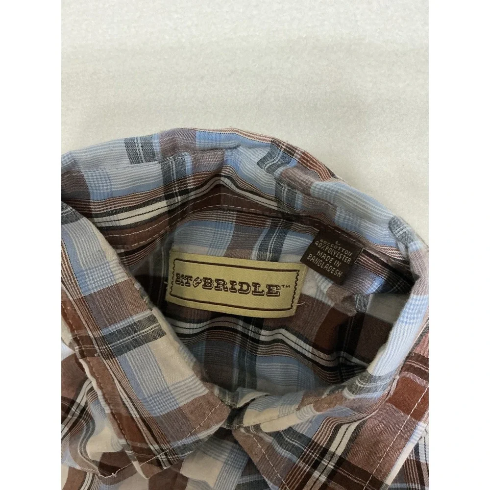 Bit & Bridle Mens Large Plaid Western Pearl Snap Shirt Brown Blue Short Sleeve